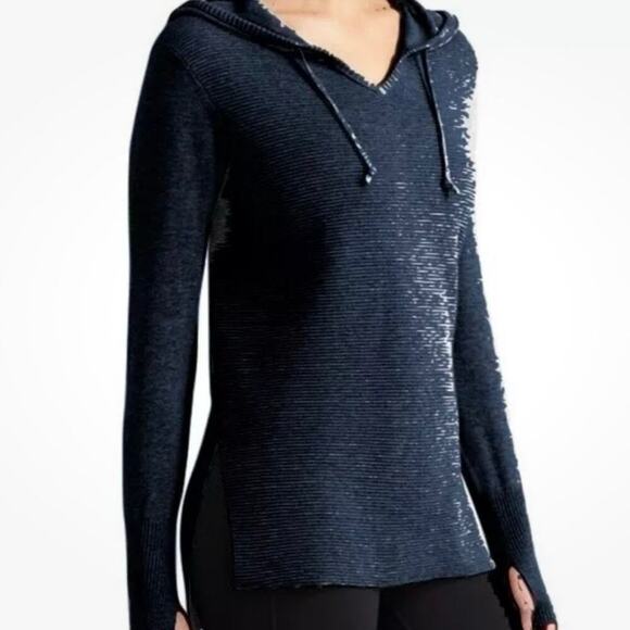 Athleta Womens S Navy Blue V-Neck Aster Hood Knit Pullover - Picture 1 of 11